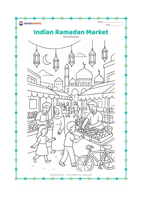 Colouring page: Draw a lively evening market street with families choosing dates and fruit, a vendor arranging baskets, hanging lanterns, mosque domes, awnings, bicycles, and a crescent moon. Keep all…