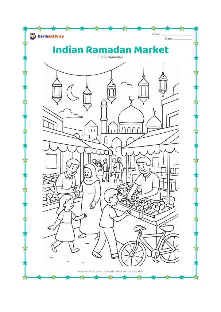 Colouring page: Draw a lively evening market street with families choosing dates and fruit, a vendor arranging baskets, hanging lanterns, mosque domes, awnings, bicycles, and a crescent moon. Keep all…