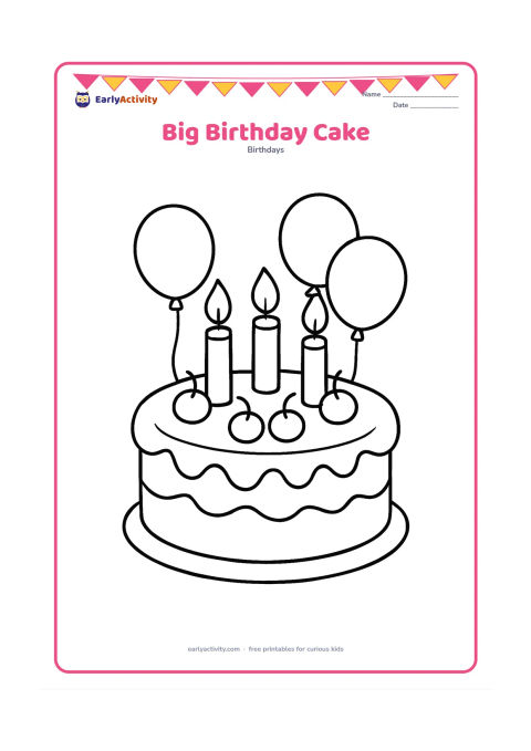 Colouring page: A large round birthday cake with three thick candles, frosting swirls, cherries, and a few balloons behind it. Keep the cake centered with wide open areas for easy colouring.