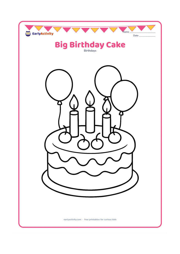 Colouring page: A large round birthday cake with three thick candles, frosting swirls, cherries, and a few balloons behind it. Keep the cake centered with wide open areas for easy colouring.