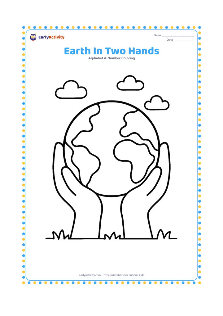 Colouring page: Draw a round Earth held carefully between two large hands, with simple curved land shapes and a few small clouds around it. Place the hands above a low strip of grass.