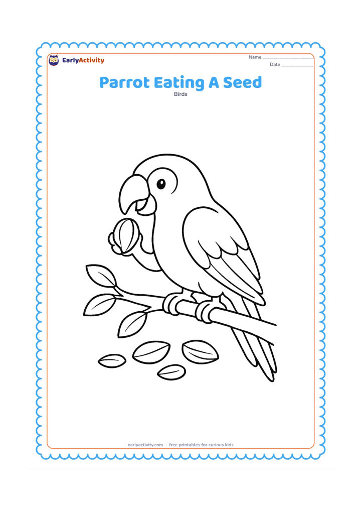 Colouring page: Draw a parrot holding a large seed in one foot while using its curved beak to open it. Place the bird on a branch with scattered leaves and a few fallen seed shells below.