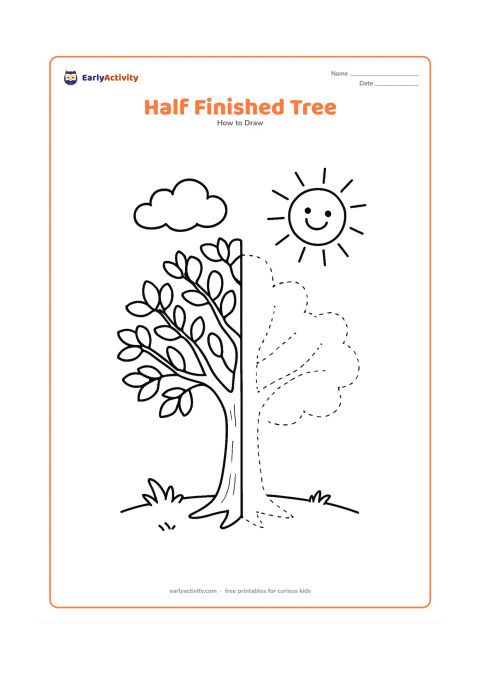 Worksheet: Show a tree with the left side completed with branches, leaf clusters and ground details, while the right side has only the trunk and main branch guides ready for the child to finish.…