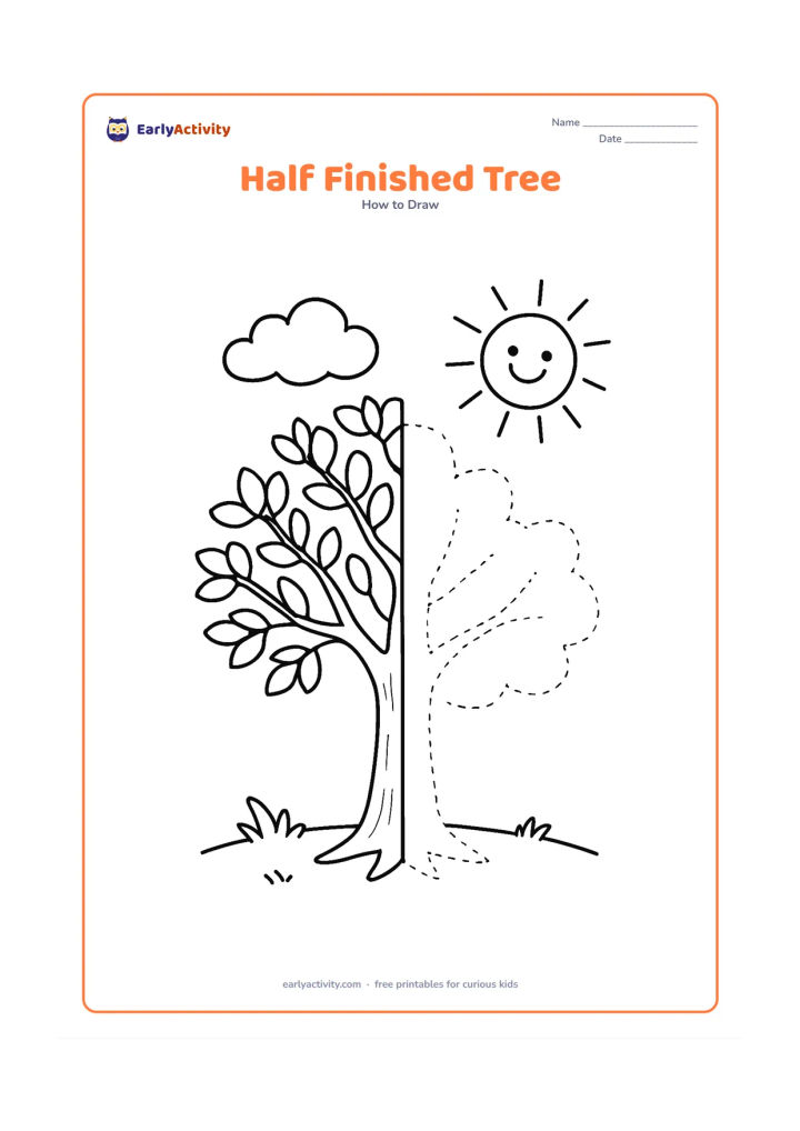 Worksheet: Show a tree with the left side completed with branches, leaf clusters and ground details, while the right side has only the trunk and main branch guides ready for the child to finish.…