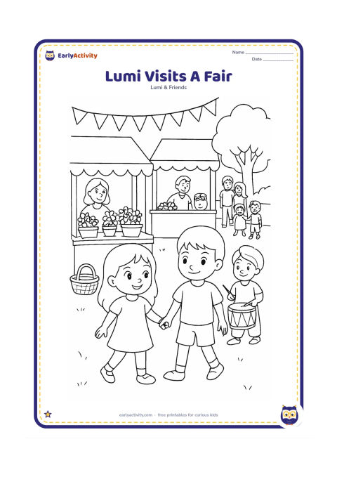 Colouring page: Lumi walks through a cheerful Indian festival fair with a friend, passing a simple flower stall, a sweets stall and a small drum performer. Add bunting, a tree, baskets and a few…