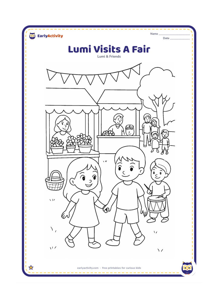 Colouring page: Lumi walks through a cheerful Indian festival fair with a friend, passing a simple flower stall, a sweets stall and a small drum performer. Add bunting, a tree, baskets and a few…