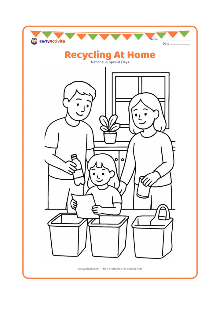 Colouring page: Draw a family sorting paper, a plastic bottle and a metal can into three plain containers beside a kitchen counter. Add a window, a potted plant and a reusable cloth bag.