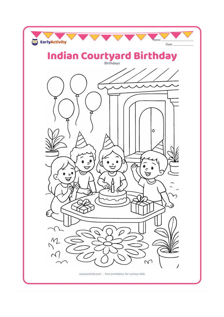 Colouring page: Children celebrate around a low table in an Indian home courtyard with a cake, wrapped gifts, balloons, potted plants, and a simple rangoli pattern on the ground. Show a doorway and a…