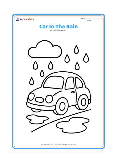 Colouring page: Draw a rounded car travelling slowly on a wet road beneath large raindrops and one cloud. Include two simple puddles, broad headlights and clear windows.