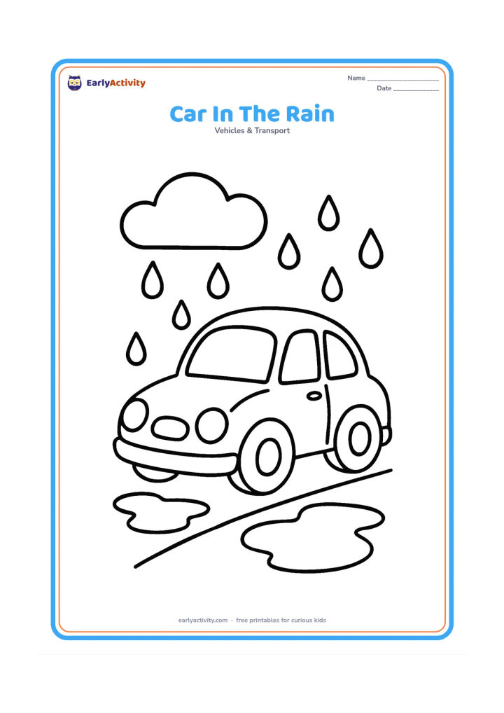 Colouring page: Draw a rounded car travelling slowly on a wet road beneath large raindrops and one cloud. Include two simple puddles, broad headlights and clear windows.