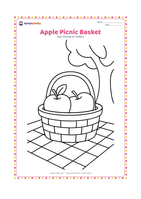 Colouring page: Draw two apples in an open picnic basket on a cloth, with one apple showing a stem and leaf. Add a simple tree trunk and two broad leaves in the background.