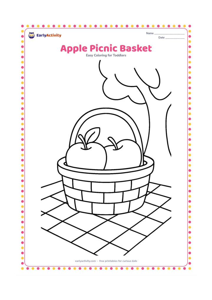 Colouring page: Draw two apples in an open picnic basket on a cloth, with one apple showing a stem and leaf. Add a simple tree trunk and two broad leaves in the background.