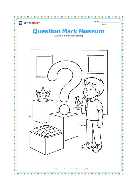 Colouring page: A curious child studies a large question mark sculpture in a quiet museum gallery. Show display plinths holding a crown, a quail model, and a folded quilt, with framed blank shapes on…