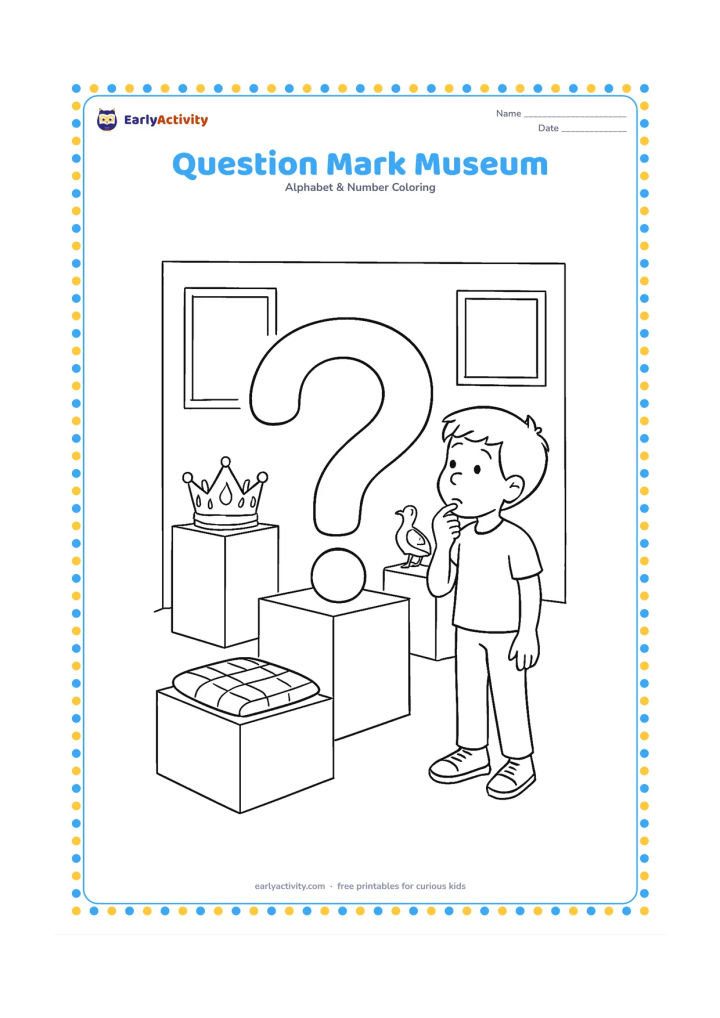 Colouring page: A curious child studies a large question mark sculpture in a quiet museum gallery. Show display plinths holding a crown, a quail model, and a folded quilt, with framed blank shapes on…
