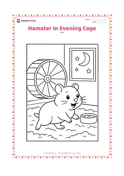 Colouring page: A lively hamster begins exploring its cage beside an exercise wheel as evening light enters through a window. Include a large crescent moon, a few stars, bedding and a food dish outside…
