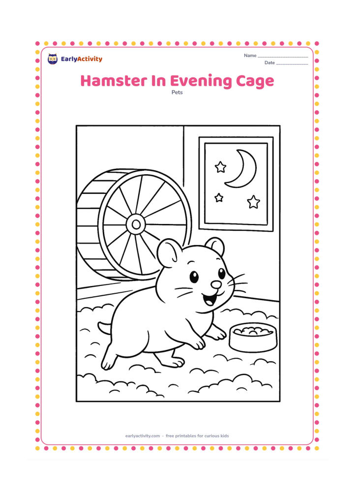 Colouring page: A lively hamster begins exploring its cage beside an exercise wheel as evening light enters through a window. Include a large crescent moon, a few stars, bedding and a food dish outside…
