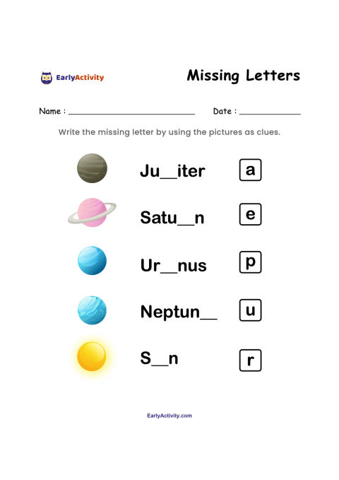 Worksheet showing pictures of Jupiter, Saturn, Uranus, Neptune and the Sun with missing letters to complete their names.
