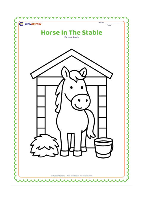 Colouring page: A friendly horse stands inside a simple stable doorway, with a hay pile on one side and a water bucket on the other. Show broad wooden boards and a clear roof shape.