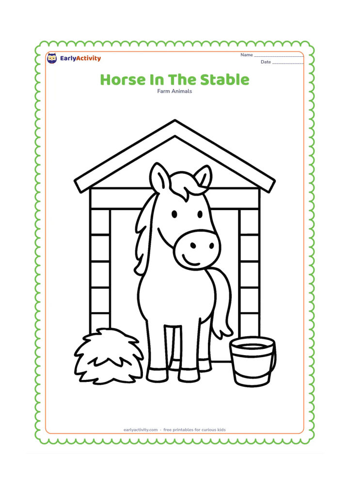 Colouring page: A friendly horse stands inside a simple stable doorway, with a hay pile on one side and a water bucket on the other. Show broad wooden boards and a clear roof shape.