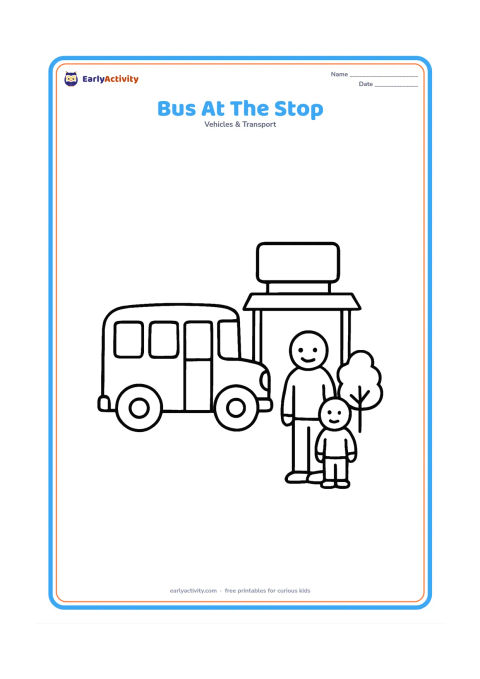 Colouring page: Draw a school bus waiting beside a simple bus-stop shelter with a blank sign panel, one child standing safely beside an adult, and a small tree. Show the bus side-on with large open windows.
