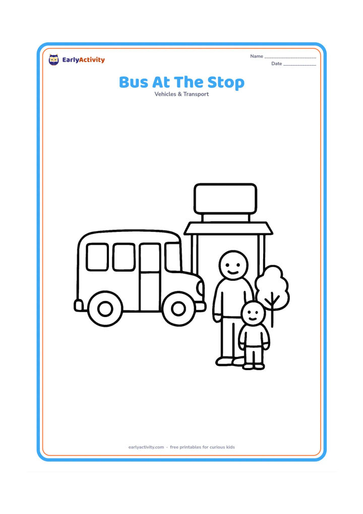 Colouring page: Draw a school bus waiting beside a simple bus-stop shelter with a blank sign panel, one child standing safely beside an adult, and a small tree. Show the bus side-on with large open windows.