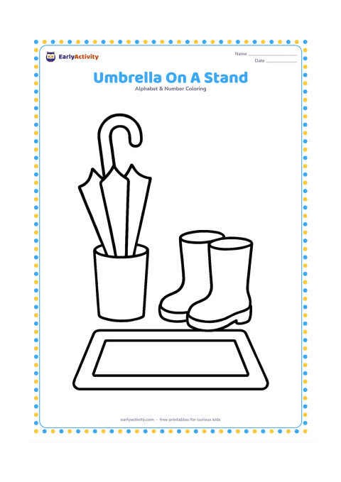 Colouring page: Draw a closed umbrella resting in a simple stand beside a doormat and a pair of rain boots. Use a clear front-facing composition with large shapes.