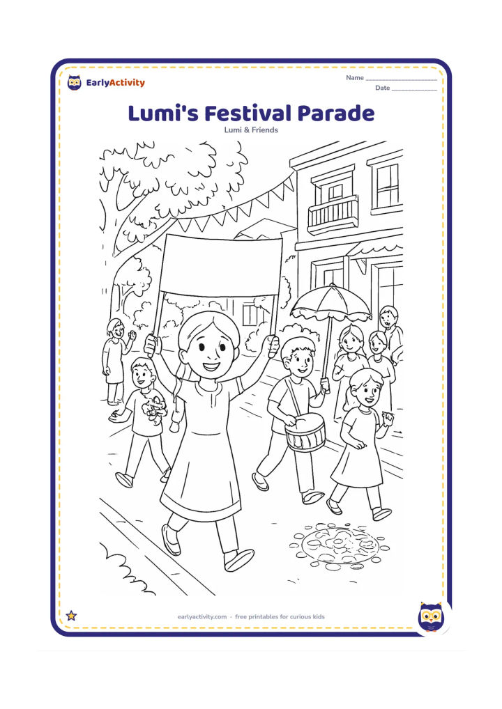 Colouring page: Lumi leads a friendly daytime festival parade with friends carrying flowers, small drums and plain decorative umbrellas. Show a tree-lined Indian street, home balconies, rangoli near…