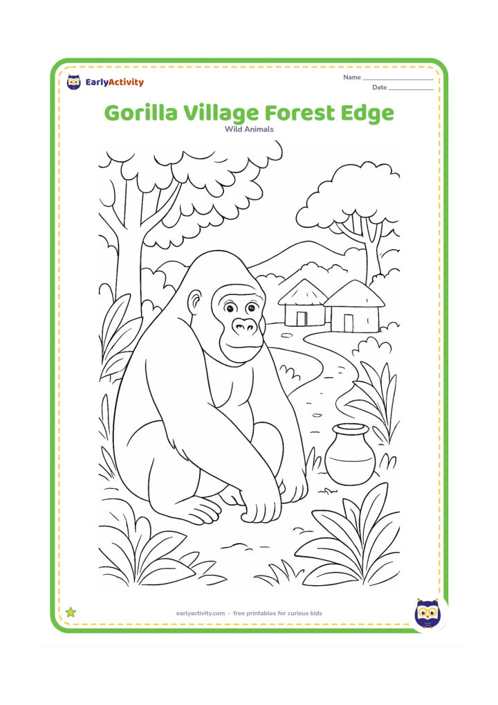 Colouring page: A calm gorilla sits at the edge of a lush forest clearing with distant simple huts, a footpath, broad plants and a clay water pot in the background. Keep the gorilla in the foreground…