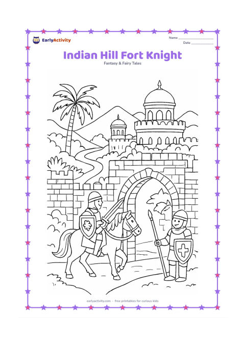 Colouring page: A knight on horseback enters a detailed Indian-inspired hill fort through an arched gateway, with stepped walls, domed watchtowers, palm trees, and a winding mountain road. A second…