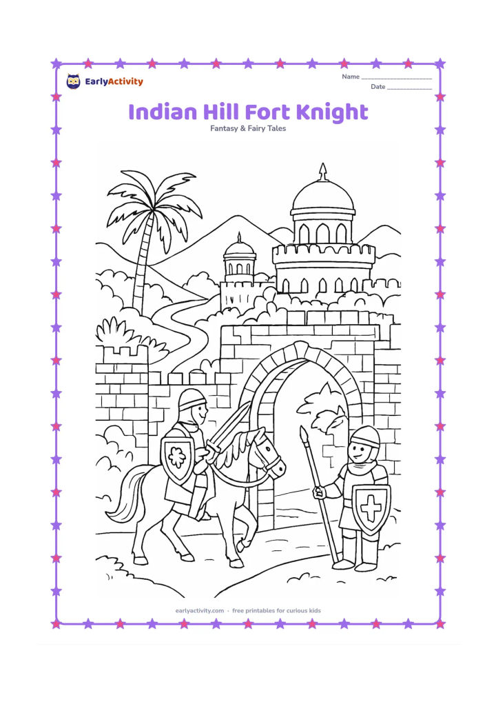 Colouring page: A knight on horseback enters a detailed Indian-inspired hill fort through an arched gateway, with stepped walls, domed watchtowers, palm trees, and a winding mountain road. A second…