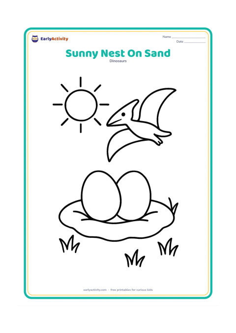 Colouring page: Two round eggs sit in a shallow sandy nest beneath a large simple sun. Add three small tufts of grass and a friendly pterosaur flying far in the background.