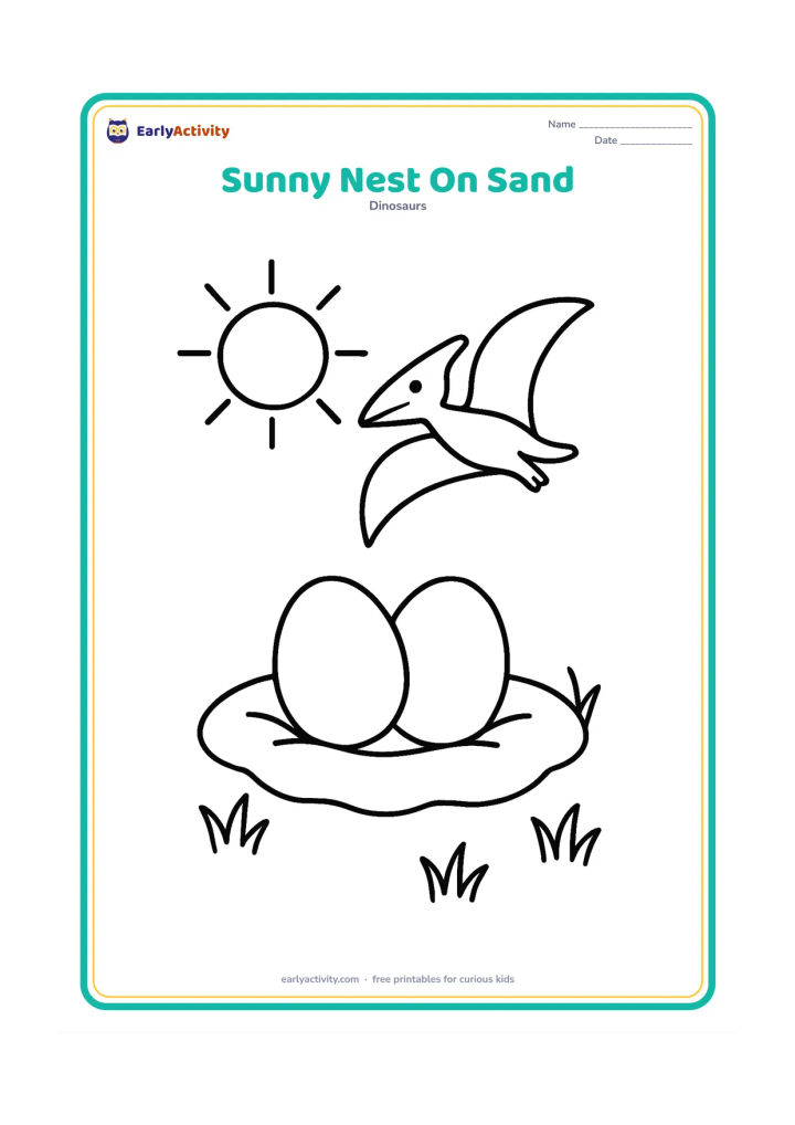 Colouring page: Two round eggs sit in a shallow sandy nest beneath a large simple sun. Add three small tufts of grass and a friendly pterosaur flying far in the background.