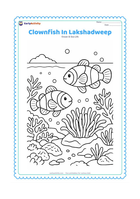 Colouring page: Draw two clownfish circling a central sea anemone on a coral reef near Lakshadweep, with branching coral, seaweed, bubbles, and a distant small island silhouette above the waterline.…