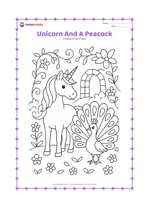 Colouring page: Draw one unicorn standing beside a peacock with its fan-shaped tail open, in a garden containing flowers, vines, and a small stone arch. Keep the unicorn as the main subject and the…