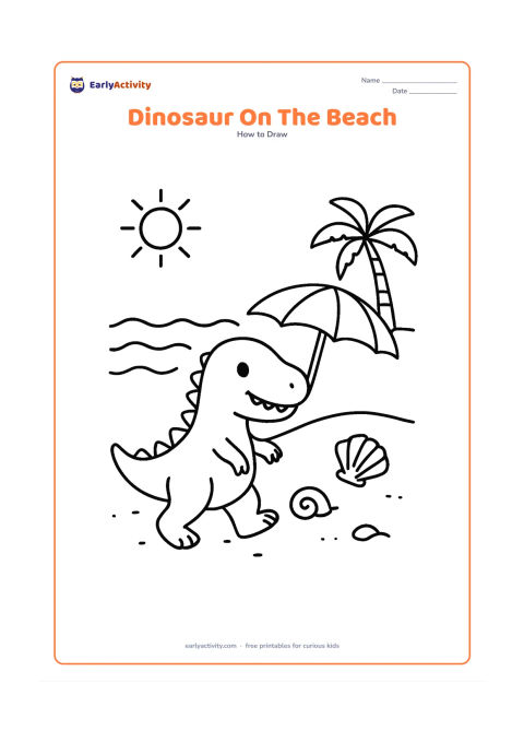 Worksheet: Show a small sharp-toothed dinosaur with a gentle smile walking beside a beach, developed from basic shapes into a complete side view. Add waves, a sun umbrella, shells, and a distant…