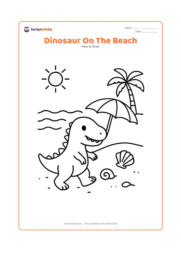 Worksheet: Show a small sharp-toothed dinosaur with a gentle smile walking beside a beach, developed from basic shapes into a complete side view. Add waves, a sun umbrella, shells, and a distant…