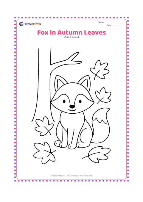 Colouring page: A friendly fox sits with its bushy tail curled around its paws. Surround it with several large fallen leaves and one simple tree trunk.