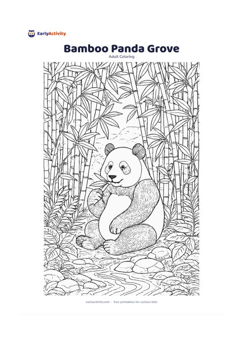 Colouring page: Draw a relaxed panda sitting among bamboo stalks and eating a bamboo leaf, with layered leaves, stones, ferns, a small stream and misty hills behind it. Include varied bamboo joints and…