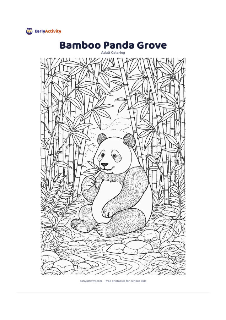 Colouring page: Draw a relaxed panda sitting among bamboo stalks and eating a bamboo leaf, with layered leaves, stones, ferns, a small stream and misty hills behind it. Include varied bamboo joints and…
