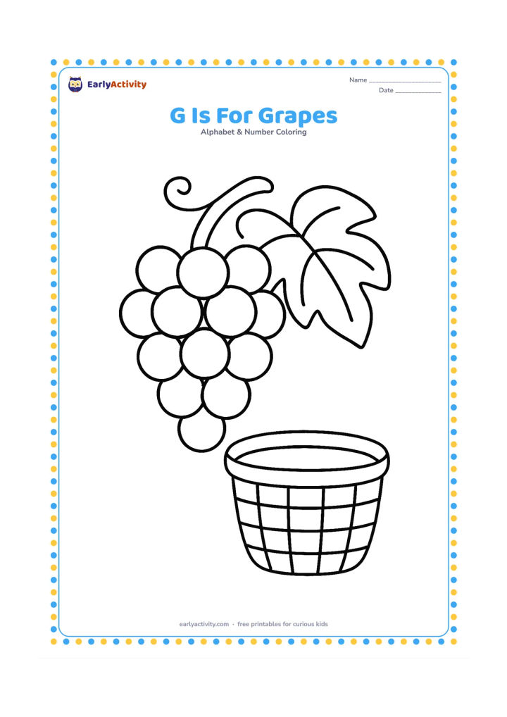 Colouring page: Draw a large bunch of grapes hanging from a vine beside one broad grape leaf, with a simple basket below. Center the bunch on the page.