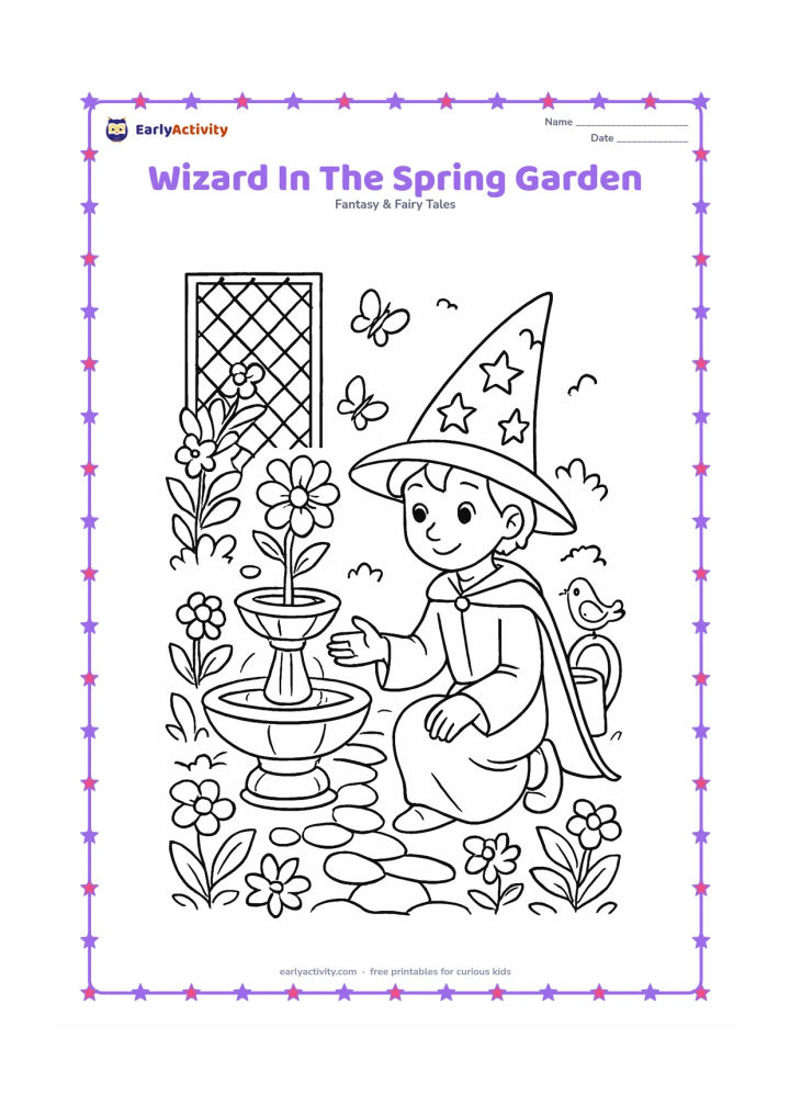 Colouring page: A wizard kneels beside a blooming garden fountain while butterflies circle a newly opened flower. Include a stone path, flower beds, a trellis and a friendly bird perched on a watering can.