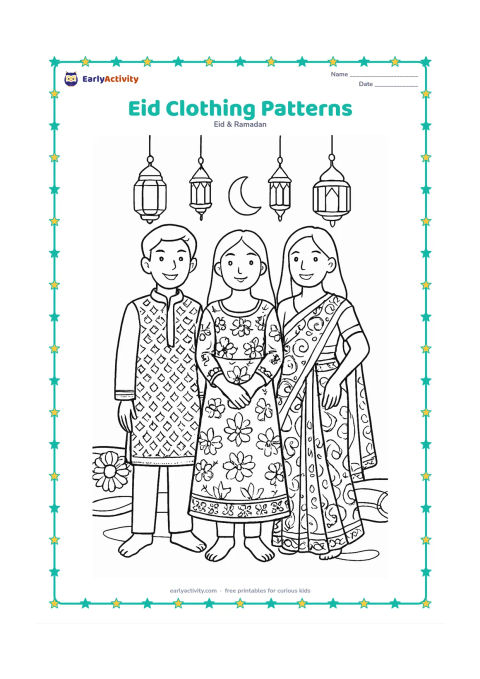 Colouring page: Three friends stand together wearing different festive outfits, including a kurta, a long dress, and a sari-inspired outfit, each with decorative borders and large fabric patterns. Place…