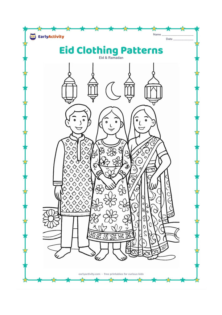 Colouring page: Three friends stand together wearing different festive outfits, including a kurta, a long dress, and a sari-inspired outfit, each with decorative borders and large fabric patterns. Place…