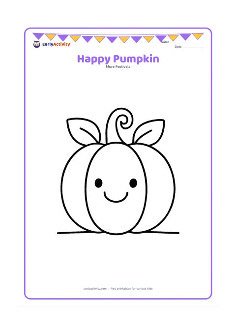 Colouring page: Draw one large round pumpkin with a wide friendly smile, two simple leaves, and a curly stem. Place it on a clear ground line with plenty of open space around it.