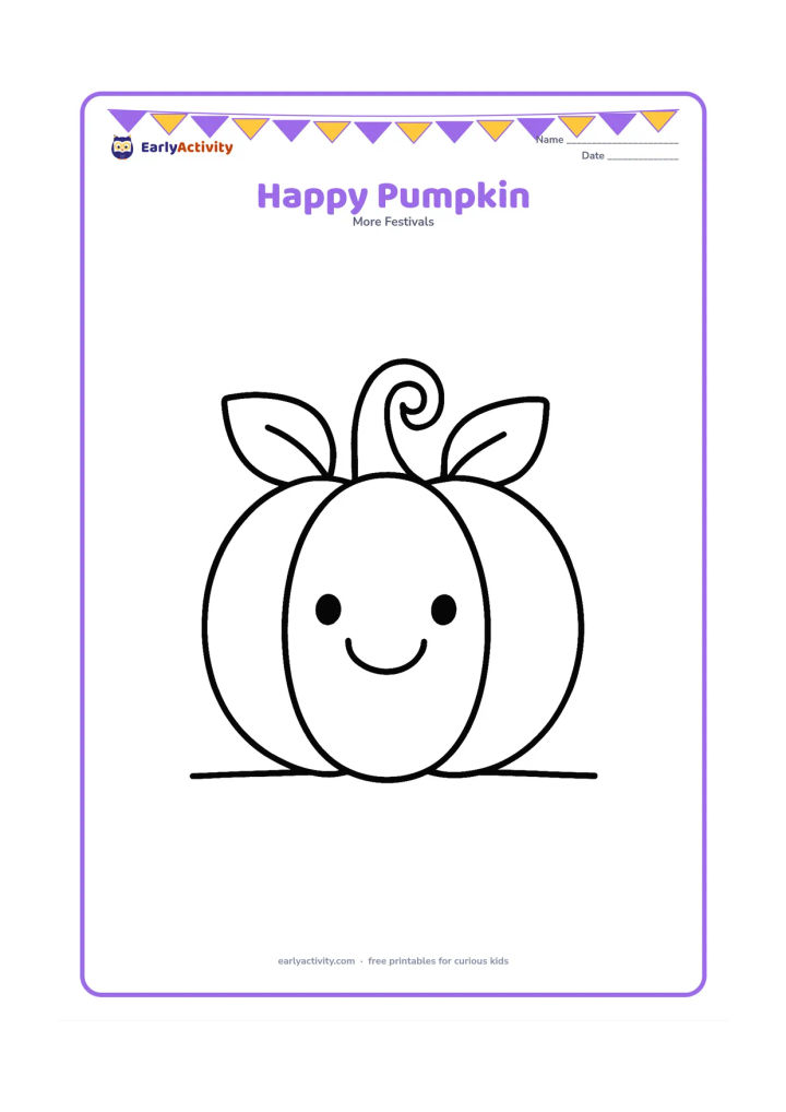 Colouring page: Draw one large round pumpkin with a wide friendly smile, two simple leaves, and a curly stem. Place it on a clear ground line with plenty of open space around it.