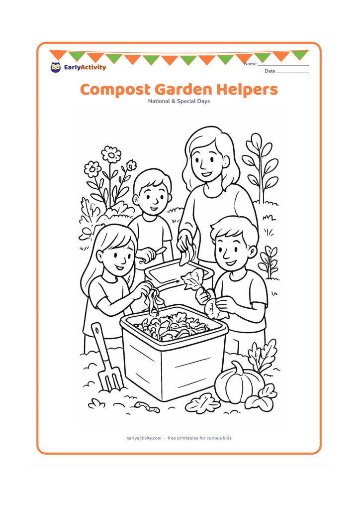 Colouring page: Draw older children and a teacher adding vegetable peels and dry leaves to a plain compost container beside a thriving school garden. Include a worm-friendly soil bed, flowering plants,…
