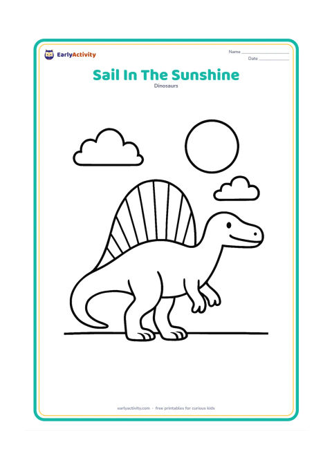 Colouring page: A side-view Spinosaurus walks across flat ground beneath a large sun and two fluffy clouds. Make the tall back sail, long snout and long tail the main shapes.