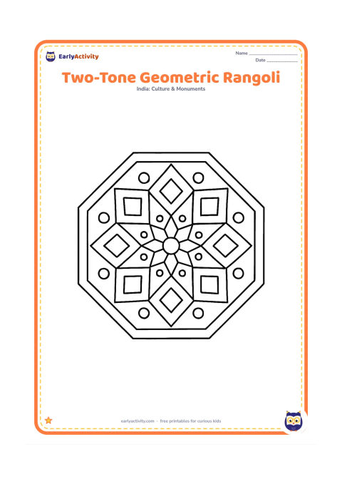 Colouring page: Show a medium geometric rangoli made from repeating diamonds, triangles and circles inside a broad octagonal border. Add a small group of dots at each corner.