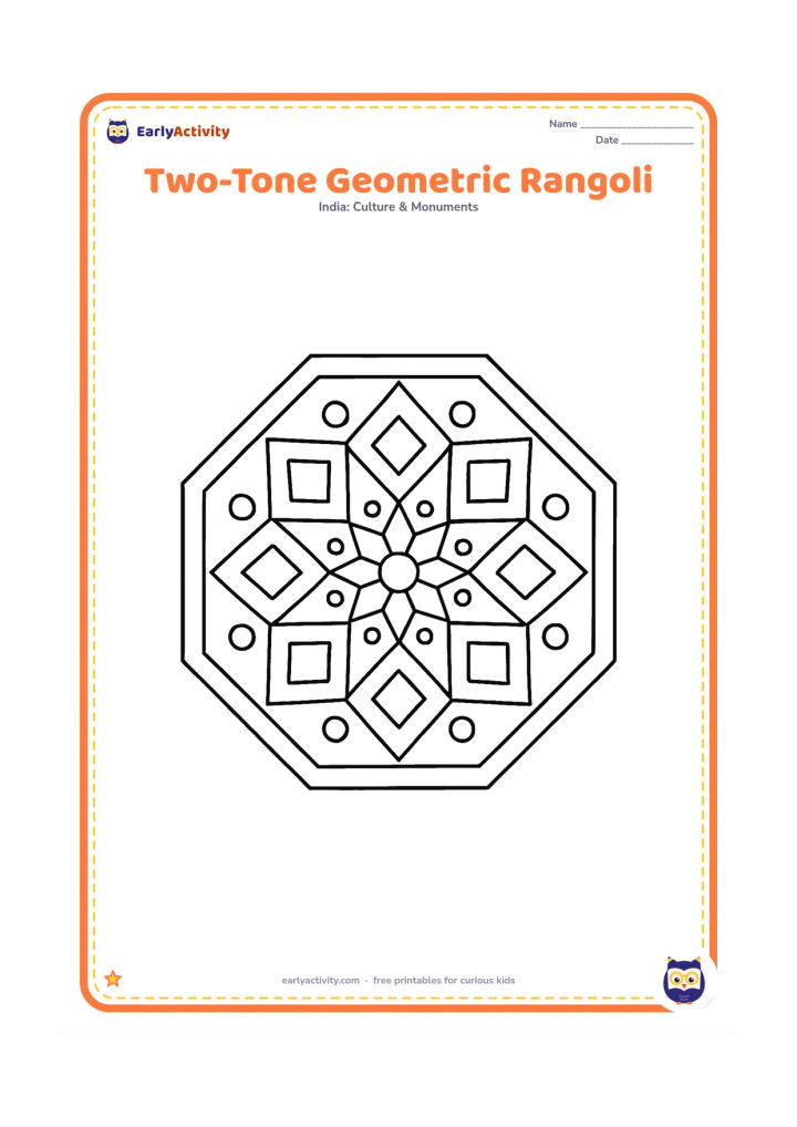 Colouring page: Show a medium geometric rangoli made from repeating diamonds, triangles and circles inside a broad octagonal border. Add a small group of dots at each corner.