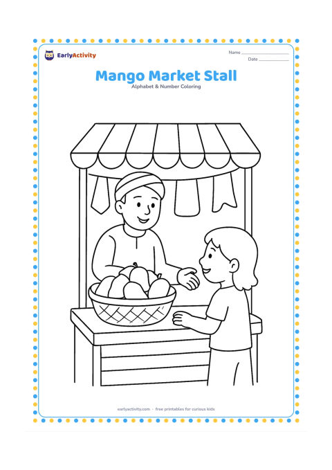 Colouring page: Draw an Indian market stall with a large basket of mangoes, a simple striped canopy, a smiling vendor and a customer choosing fruit. Add a few plain hanging cloth shapes without writing.